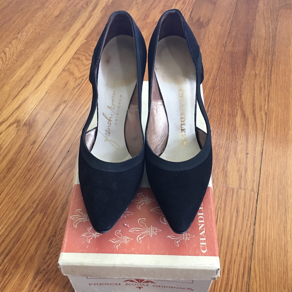 Vintage 1950s Black Suede French Room Heels View 2